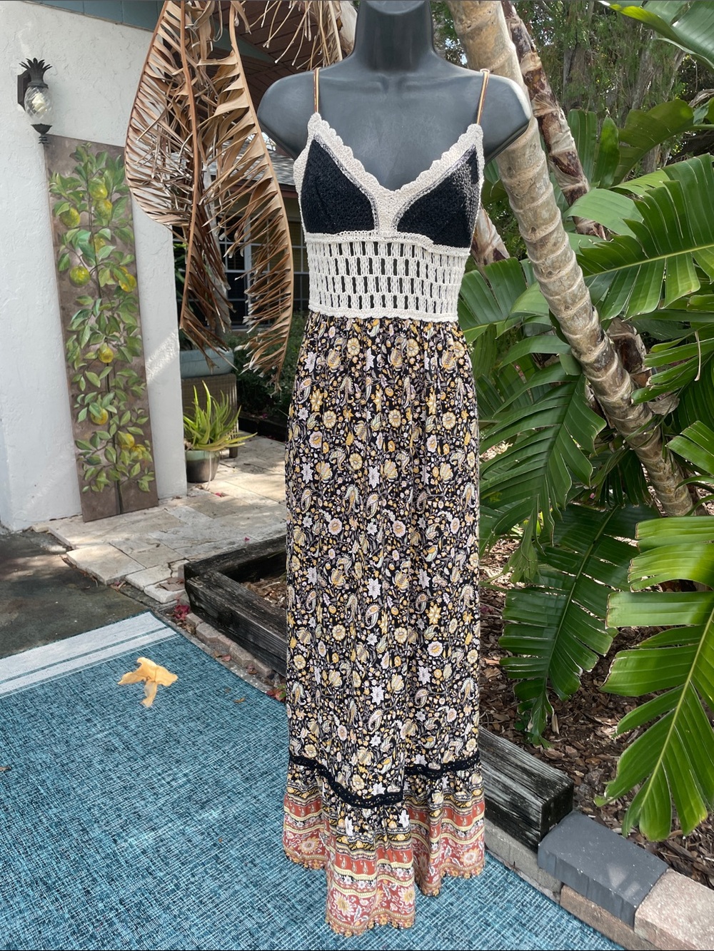 lace, crochet, dark floral and bandanna, print patchwork, maxi dress